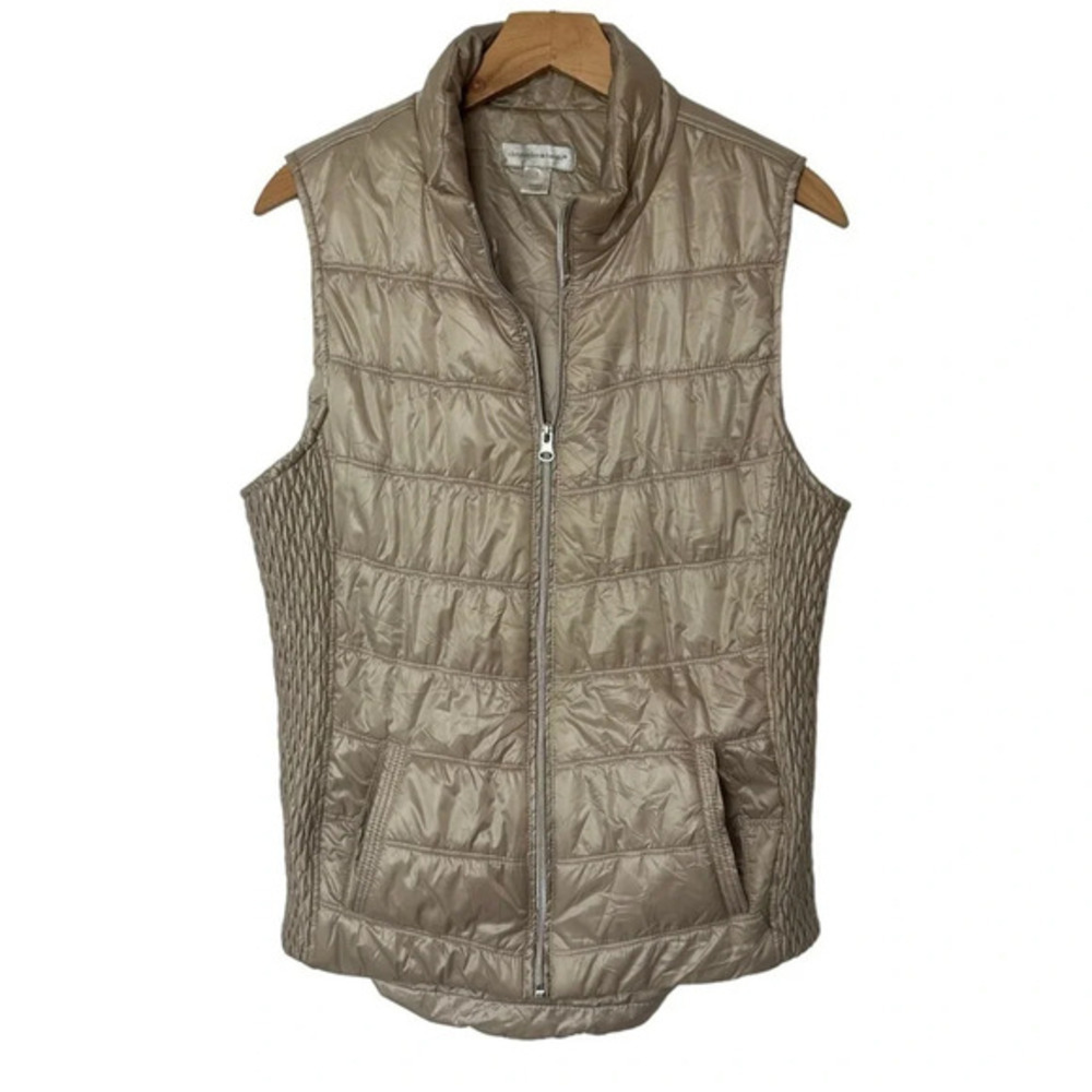 Christopher & Banks Puffer Vest M Champagne Gold Quilted Smocked Zip Up